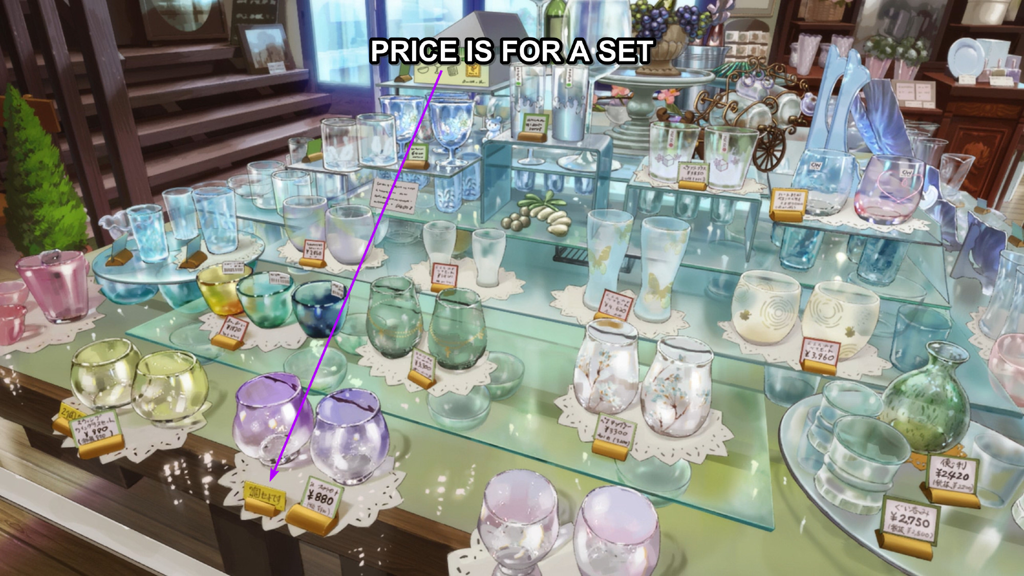 massive display of glasses with mostly illegible price tags. on the top of the screen is a translation that reads 